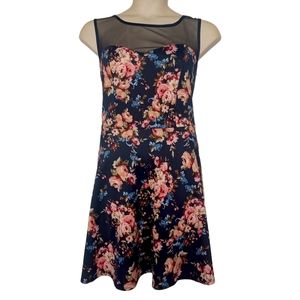 SNAP Colorful Pink Blue Floral Print Navy Blue Mesh Sleeveless A-Line Dress 2X